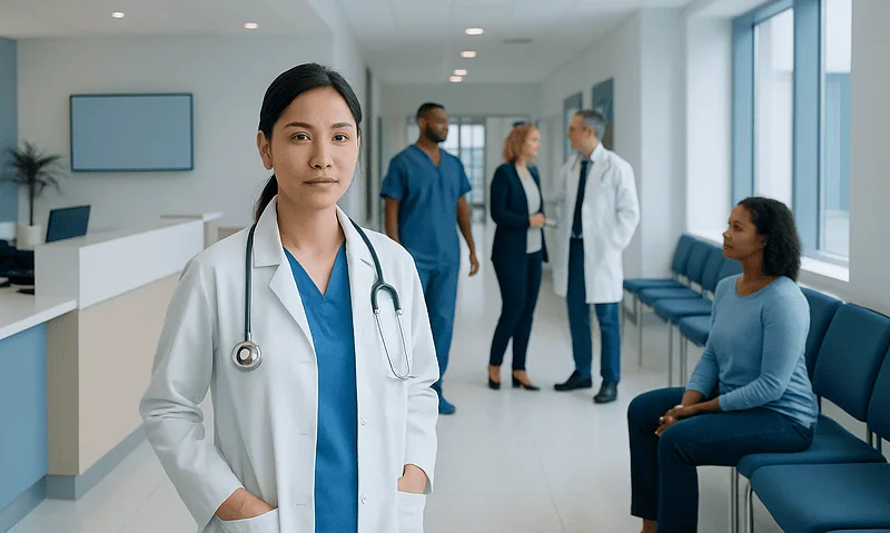 Medical professional in a hospital waiting area with patients and staff.