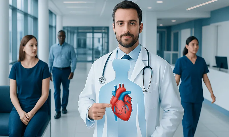 Where Is the Heart Located? A Simple Guide to Heart Anatomy 15 Doctor holding a heart illustration in a hospital corridor.