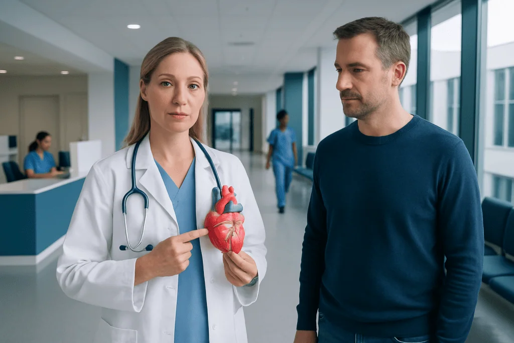 Where Is the Heart Located? 1 Doctor explaining heart model to patient in hospital corridor.