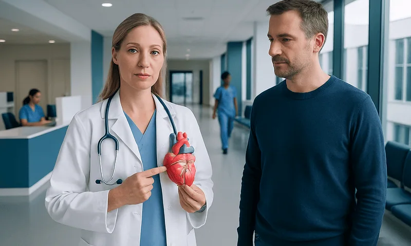 Where Is the Heart Located? 8 Doctor explaining heart model to patient in hospital corridor.