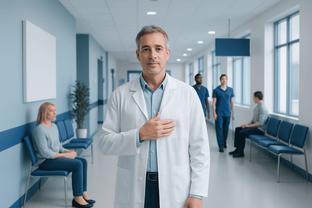 Where Is the Heart Located? Anatomy, Function, and Common Misconceptions 1 Doctor in hospital corridor with patients and staff in background.