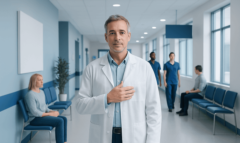 Where Is the Heart Located? Anatomy, Function, and Common Misconceptions 4 Doctor in hospital corridor with patients and staff in background.