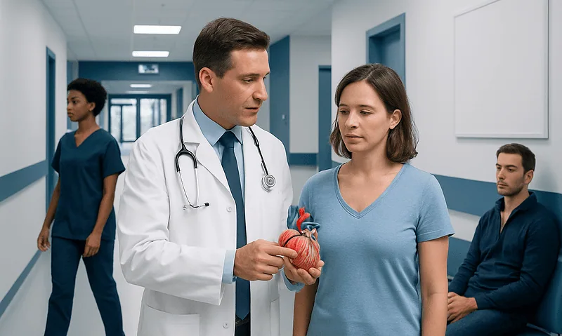 Where Is the Heart Located? A Simple Guide to Heart Position and Anatomy 14 Doctor explaining heart anatomy to a patient in a hospital corridor.