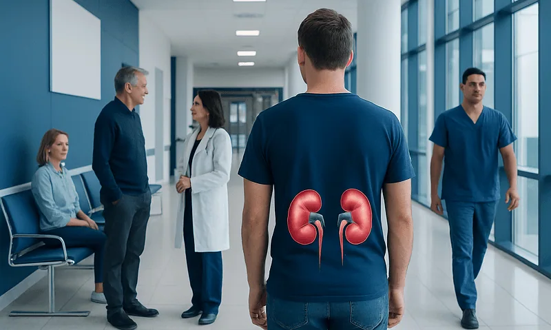 Medical team discussing kidney health in hospital corridor.