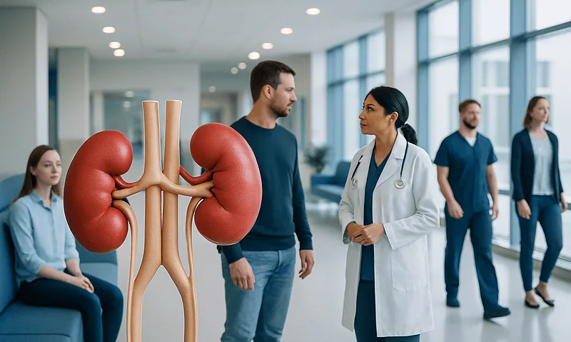 Doctor explaining kidney health to patient in hospital corridor.