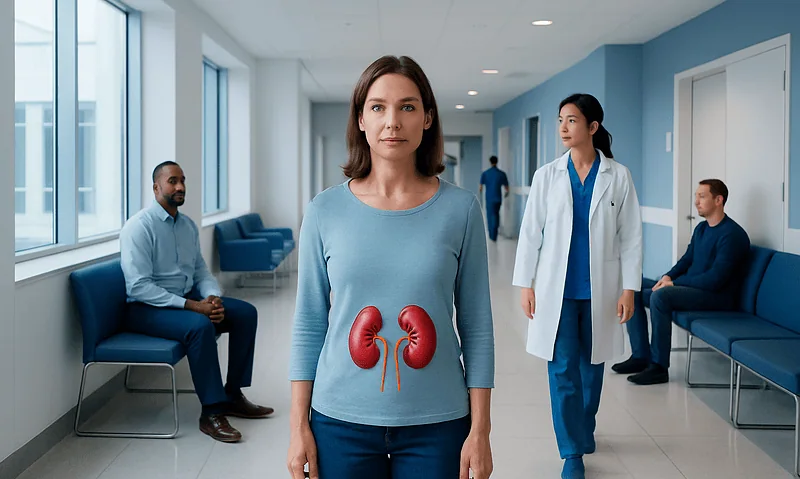 Woman with kidney illustration in hospital corridor with medical staff and patients.