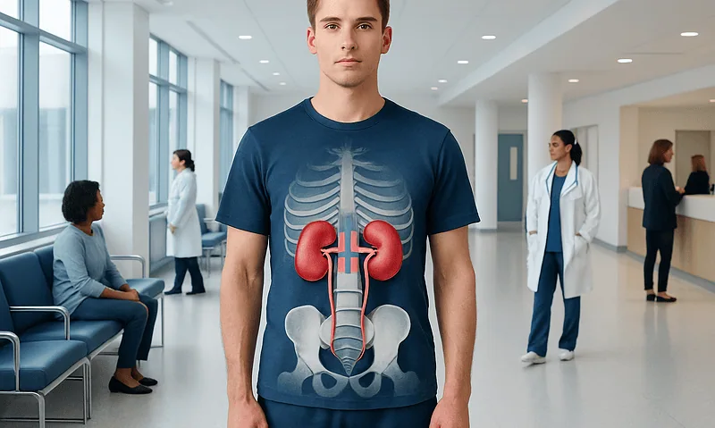 Young man with anatomical kidney illustration on shirt in hospital corridor.