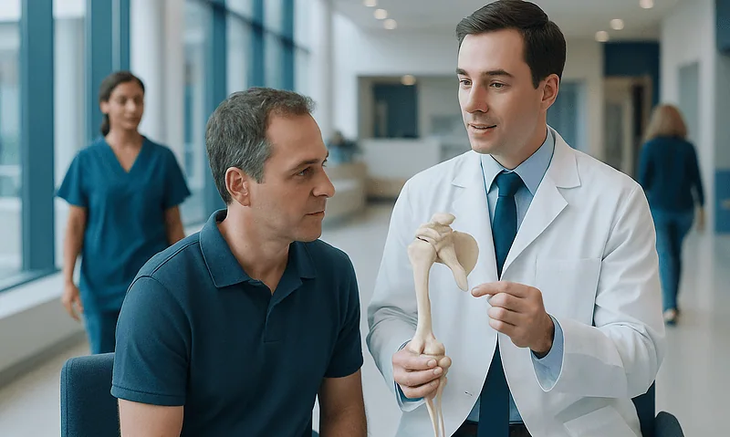Doctor explaining shoulder joint anatomy with a model to a patient.
