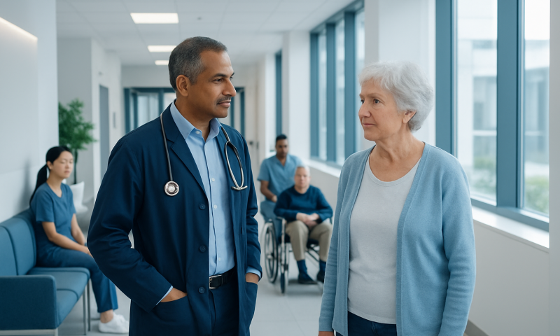 Doctor consulting elderly woman in hospital corridor with staff in background.