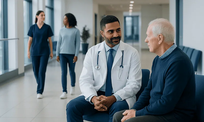 Doctor consulting elderly patient in hospital corridor with staff in background.