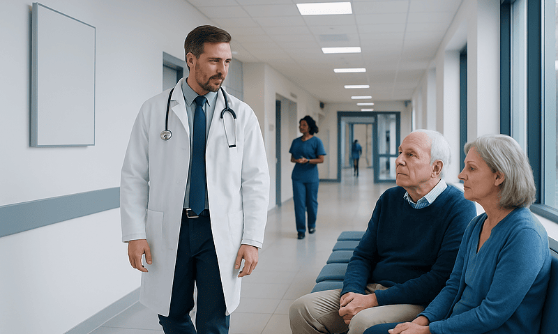Doctor consulting elderly patients in hospital corridor.