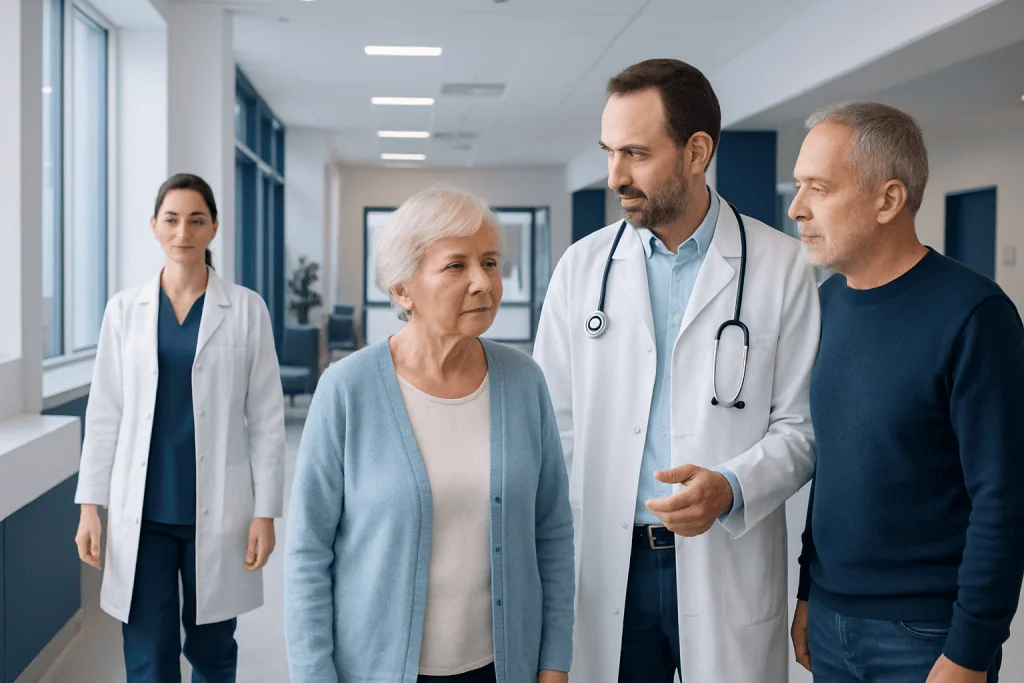 Doctor for Alzheimer’s: What Happens From First Symptoms to Diagnosis 1 Doctor consulting elderly patient with caregiver in hospital corridor.