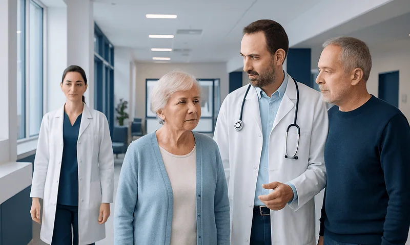 Doctor consulting elderly patient with caregiver in hospital corridor.