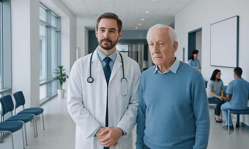 Doctor consulting elderly patient in hospital corridor.