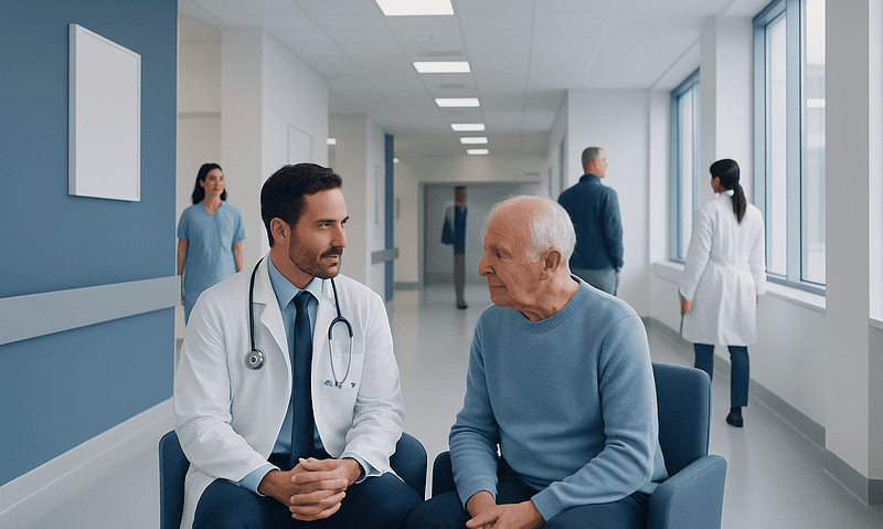 Doctor consulting elderly patient in hospital corridor.