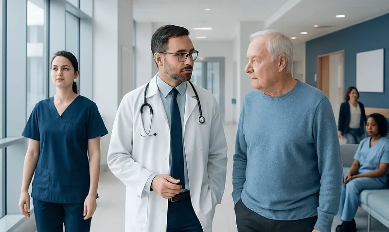 Doctor consulting elderly patient in hospital corridor with medical staff nearby.