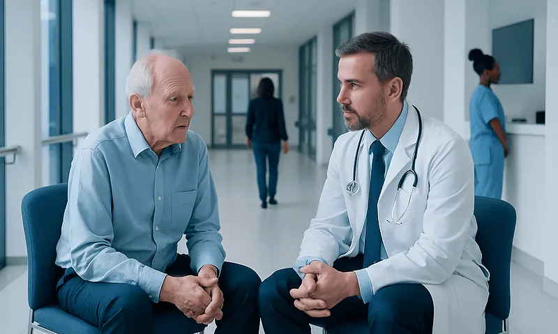 Doctor consulting elderly patient in hospital corridor for cognitive health.