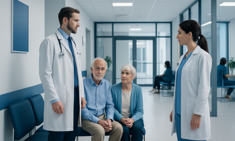 Doctors consulting elderly patients in a hospital corridor.