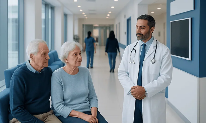 Doctor consulting elderly couple in hospital corridor.