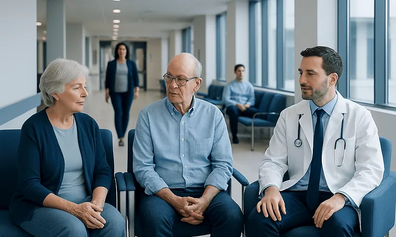 Doctor consulting with elderly patients in a hospital corridor.