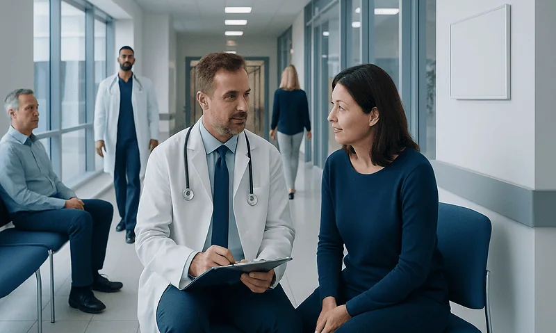 Doctor consulting with a patient in a hospital corridor.
