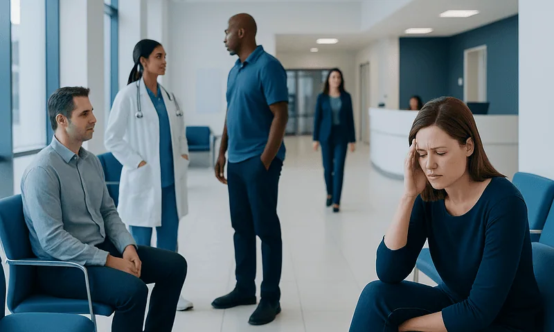 Patient experiencing headache in a hospital waiting area with medical staff nearby.