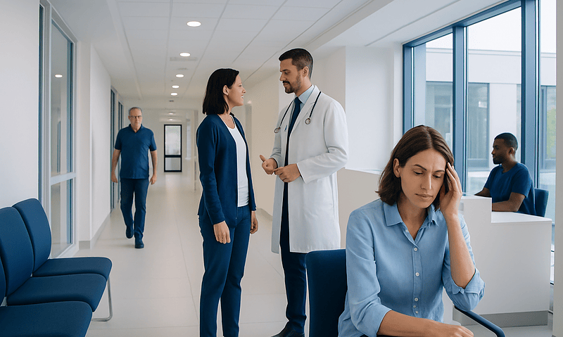 Doctor consulting with a patient in a hospital corridor.