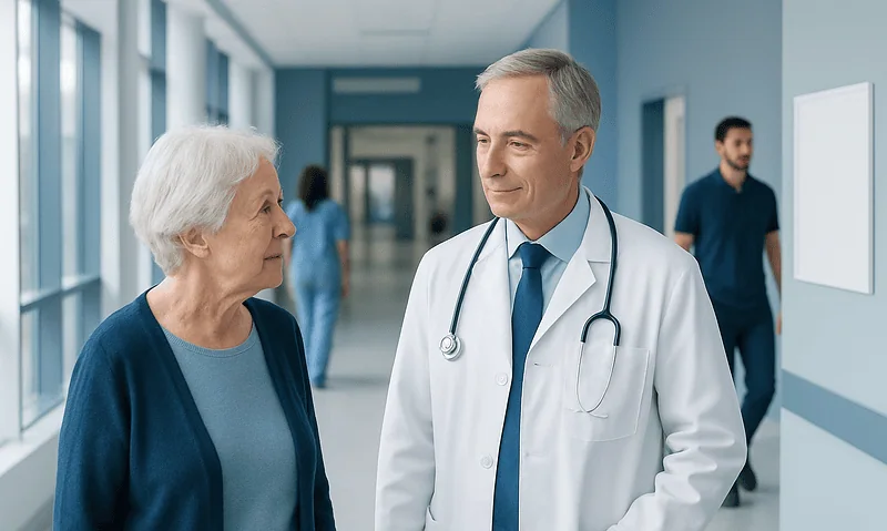 Geriatric neurologist consulting elderly patient in hospital corridor.