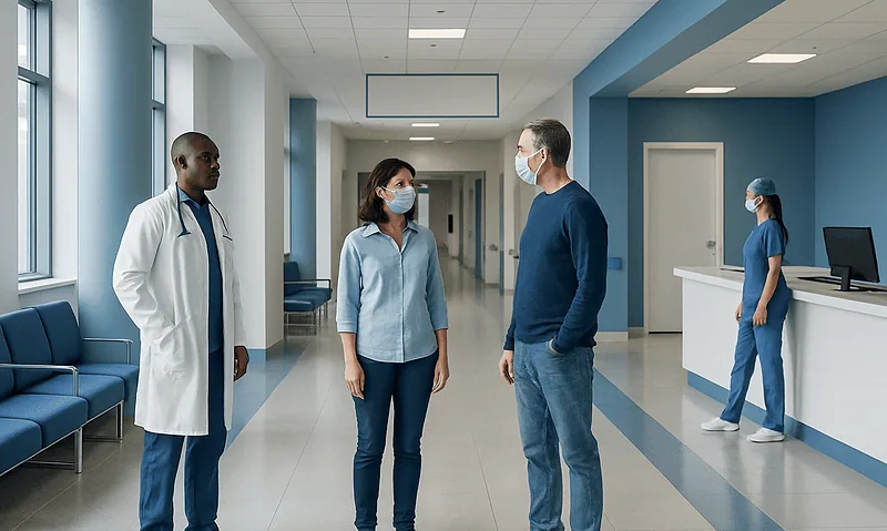 Medical staff and patient wearing masks in hospital corridor.