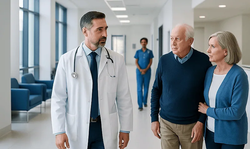 Doctor consulting elderly couple in hospital corridor.