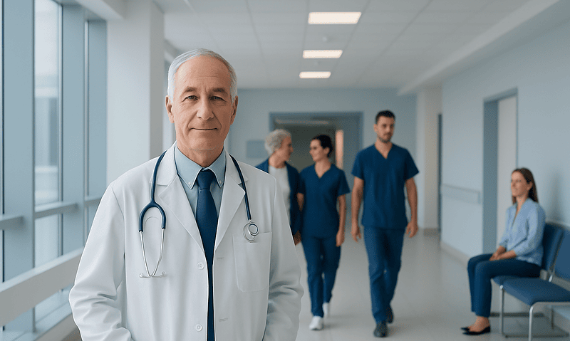 Senior doctor in hospital corridor with medical staff in background.