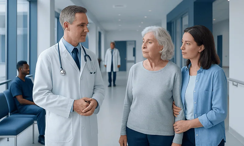 Doctor consulting elderly woman in hospital corridor for dementia care.