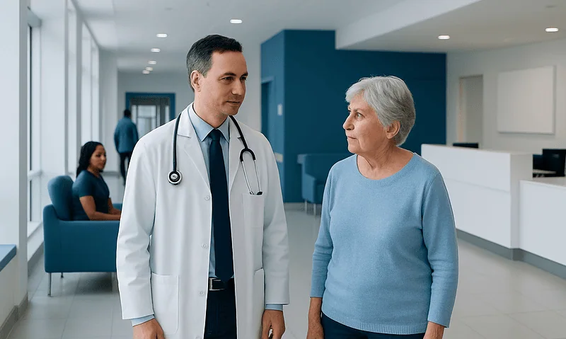 Doctor consulting with an elderly woman in a hospital lobby.