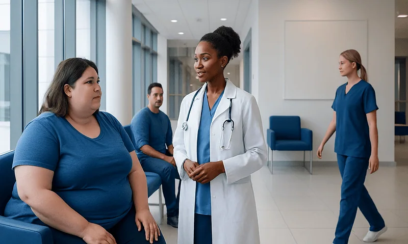 Healthcare professional consulting a patient in a hospital waiting area.