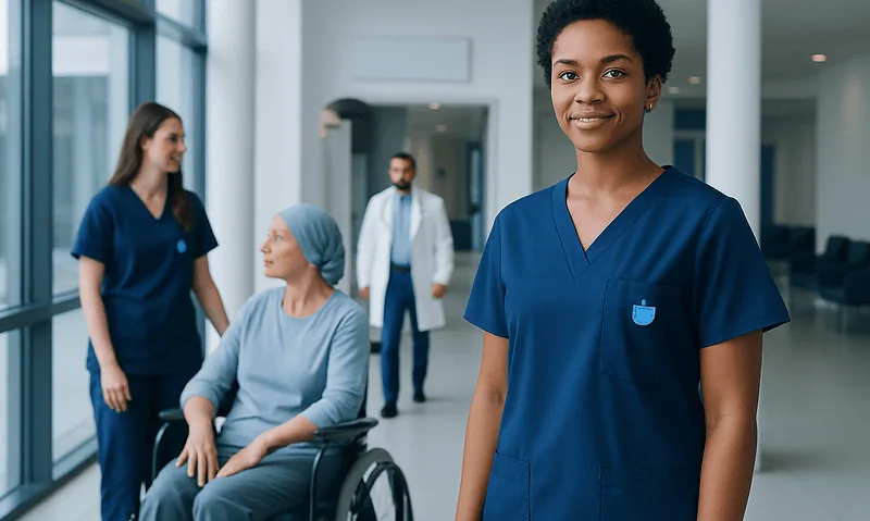 Diverse oncology healthcare team in hospital corridor.