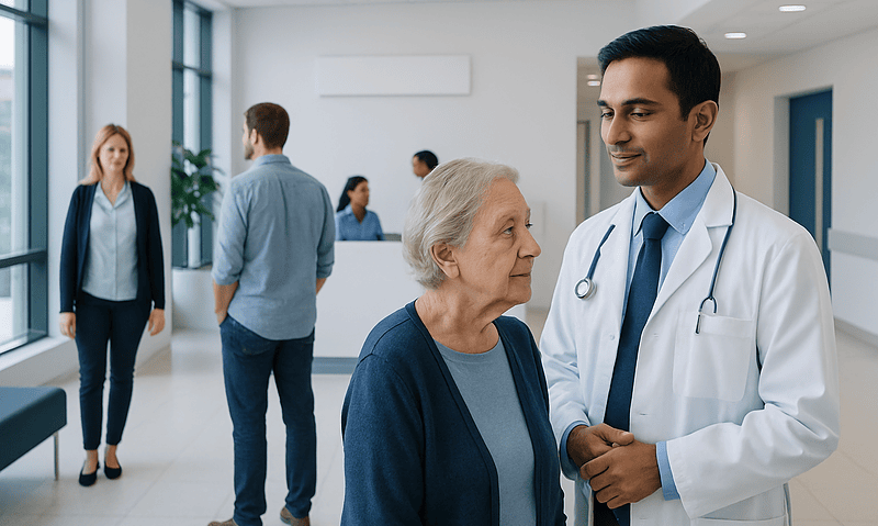 Doctor consulting elderly woman in hospital corridor.
