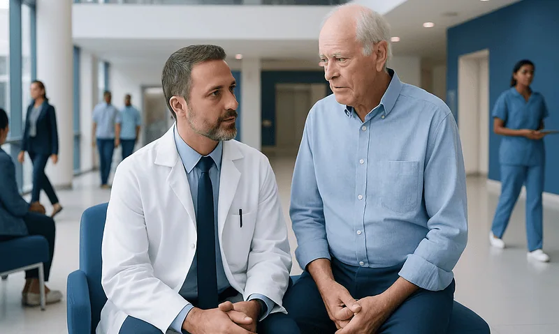 Geriatric neurologist consulting elderly patient in hospital lobby.