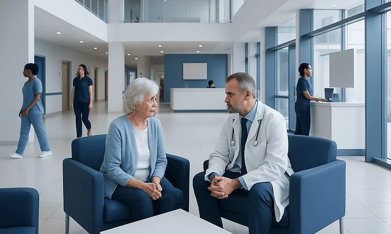 Doctor consulting with elderly woman in hospital lobby.