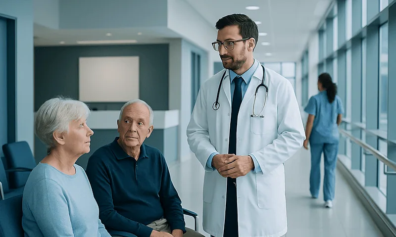 Doctor consulting elderly patients in hospital corridor.