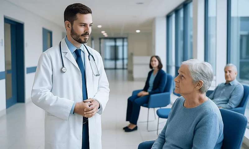 Doctor consulting elderly woman in hospital corridor with waiting patients.