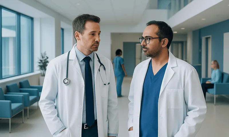 Doctors discussing patient care in a modern hospital corridor.