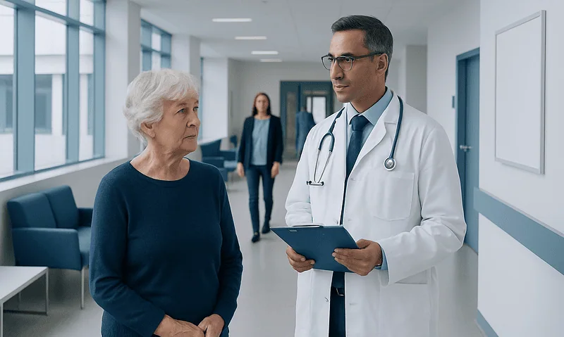 Doctor consulting with an elderly woman in a hospital corridor.