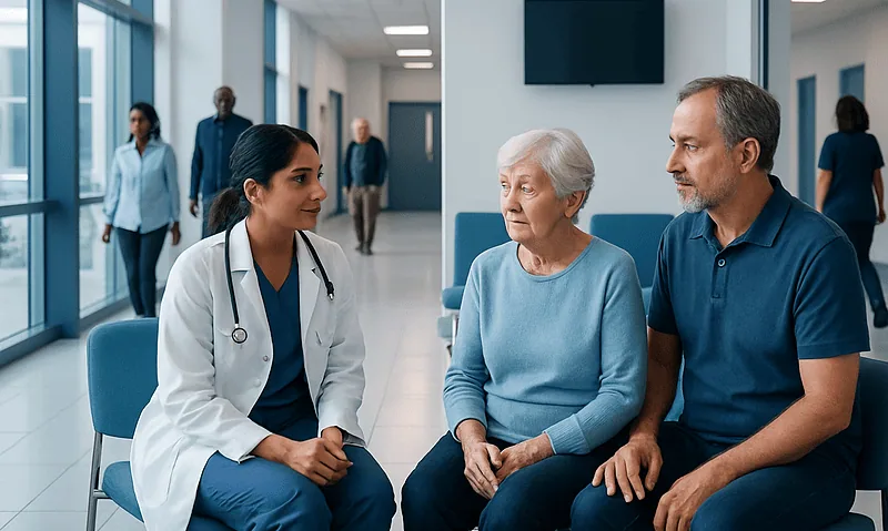 Doctor consulting elderly woman about dementia symptoms in hospital.