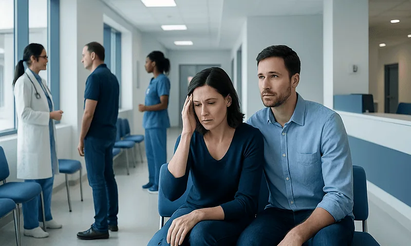 Patient experiencing headache during a medical consultation at Acibadem Hospital.