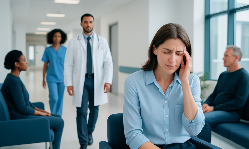 Woman with headache in hospital waiting area with medical staff and patients.