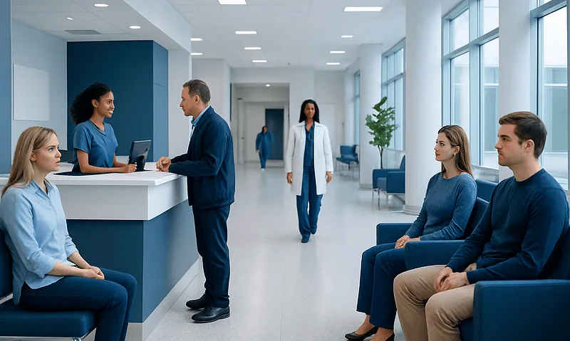 Patients and staff in a modern hospital reception area.