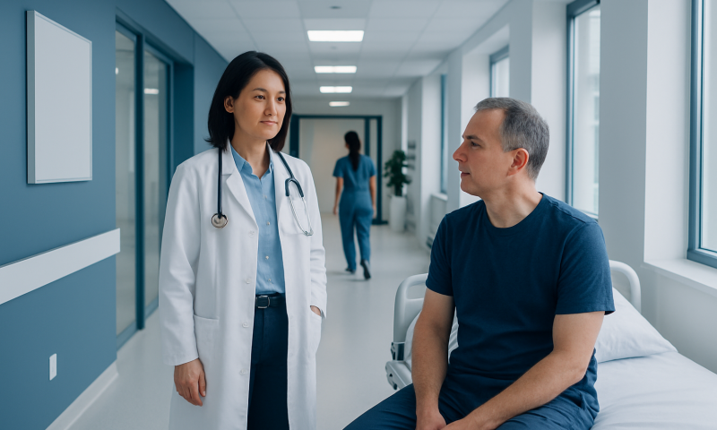 Doctor consulting patient in hospital corridor for sleep study evaluation.