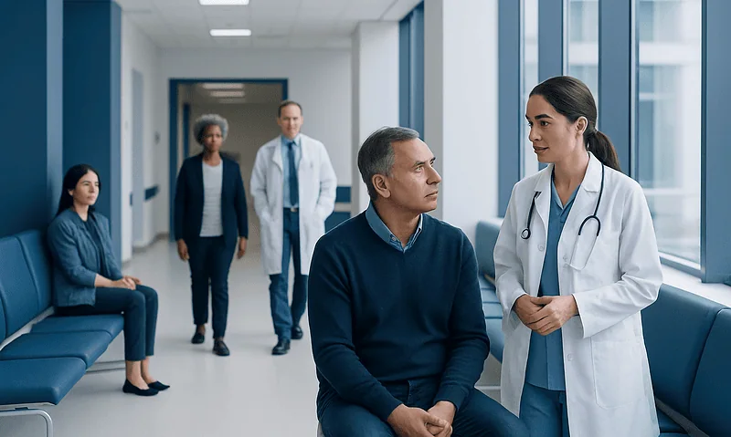 Health Library 16 Doctor consulting patient in hospital corridor with waiting area.