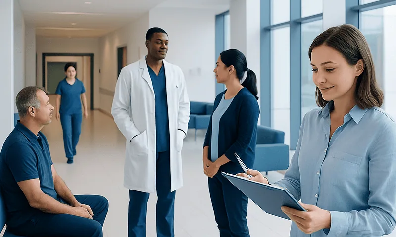 Medical team consulting with patient in hospital corridor.