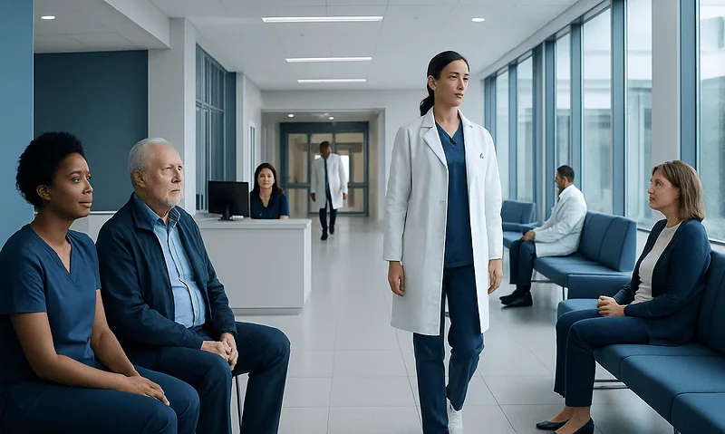 Medical consultation in a modern hospital waiting area with diverse patients.